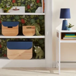 Large Natural Wood Rectangular Kids' Storage With Lid Navy - Pillowfort™